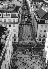 View of famous and crowded Augusta street from Rua Augusta Arch fabulous viewpoint, in Lisbon, Portugal.