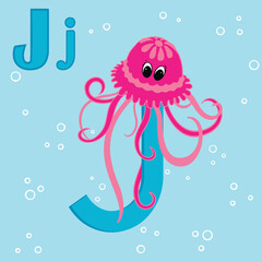Alphabet Letter J Jellyfish-ABC TO Z , Colorful animal alphabet letter J with a cute jellyfish  isolated on blue background.