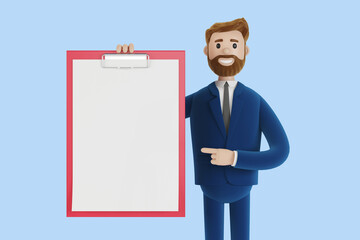 Cartoon character with a contract in hands. 3d illustration.