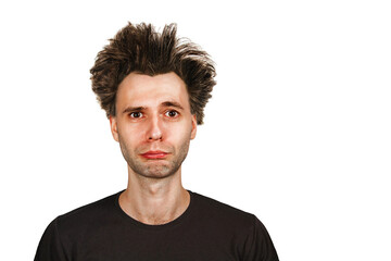 Fototapeta premium Shaggy young man with long hair before haircut on a white isolated background