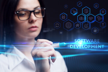 Business, Technology, Internet and network concept. Young businessman working on a virtual screen of the future and sees the inscription: Software development