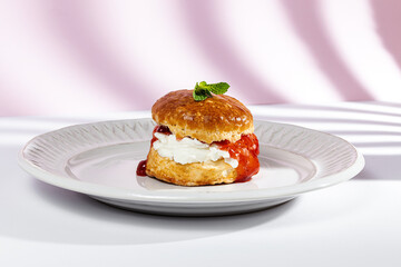 Assortment of homemade scones with ham, cheese, avocado, salmon, cream cheese and strawberry jam