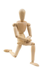 Wooden mannequin standing on one knee isolated on white background, black lives matter concept