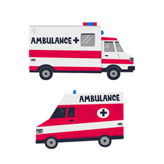 Ambulance car. Emergency Help service. Side view of two Red emergency cars on white background. Simple flat style vector illustration.