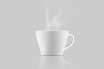Ceramic coffee cup with serving and hot steam on a gray background.