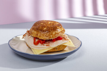 Assortment of homemade scones with ham, cheese, avocado, salmon, cream cheese and strawberry jam