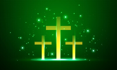 Obraz premium Shining cross, Riligious symbol, Glowing Saint cross. Religion cross bright vector illustration background. Green and bright. Shinny religion template for card, invitation, greeting and wallpaper.