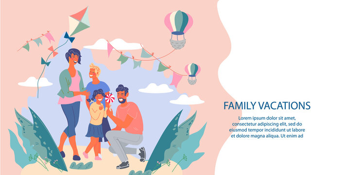Web page for family vacations and holidays in park with parents and children characters having fun. Landing page for active summer leisure and family entertainments, flat vector illustration. © Мария Гисина