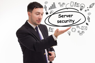 Business, technology, internet and network concept. Young businessman thinks over the steps for successful growth: Server security