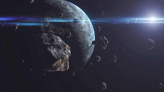 Large Group of Asteroids Meteors Moving Towards Planet Earth