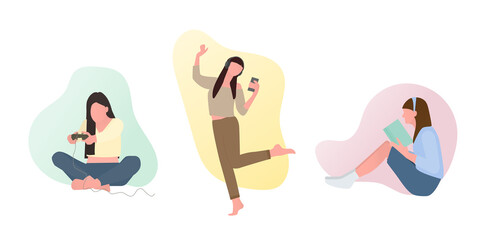 Play games, listen to music, read books Which is a very good way to relieve holiday stress. Pictures of people spend time on weekend.