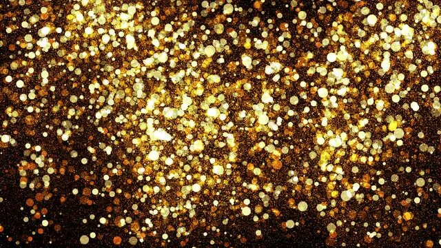 gold particles abstract background with golden shining stars dust bokeh glitter awards dust. Futuristic glittering fly movement flickering loop in space on black background.