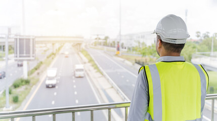 Portrait engineer handsome man or architect looking construction with the command of a radio. and...