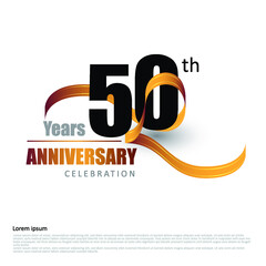 50 years anniversary logo template with ribbon. Poster template for Celebrating 100th event. Design for banner, magazine, brochure, web, invitation or greeting card. Vector illustration