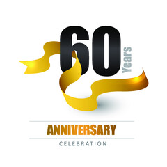 60 years anniversary logo template with ribbon. Poster template for Celebrating 100th event. Design for banner, magazine, brochure, web, invitation or greeting card. Vector illustration
