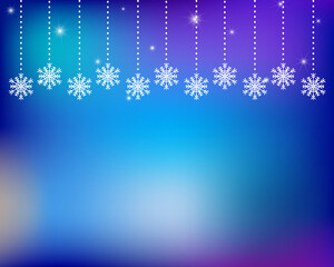 Blue winter abstract background. White snowflakes hanging from above from a dotted line with sparkle decoration.
