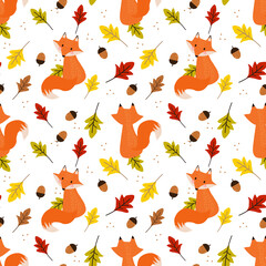 Materiał do szycia Cute fox in autumn leaves seamless pattern