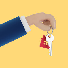 Hand holds a key with a keychain. Template for the purchase or rental of housing. 3D illustration.