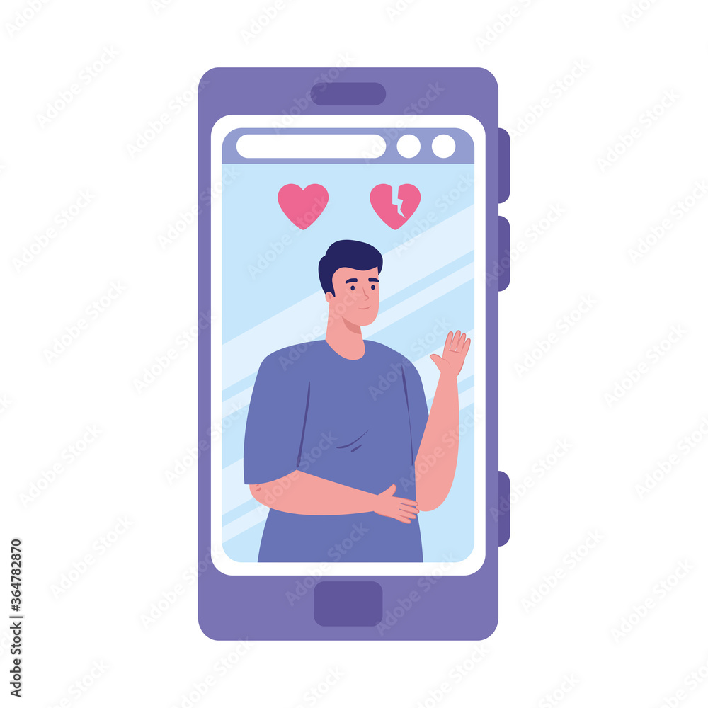 Poster man in smartphone with like and dislike heart design, chatting message chat and communication theme 