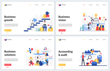 Obraz na płótnie Canvas Business success solution vector illustration set. Creative concept banners for website design with commerce successful solutions for investment, business accounting, analysis of economic growth
