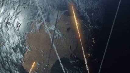 Meteors shooting past the atmosphere over Australia,outer Space view Smoke trails and rocks flying over earth in fast speed,   © ImageBank4U