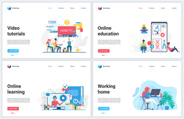 Obraz na płótnie Canvas Online education and freelance work at home vector illustrations. Cartoon flat modern remote educational concept design template set with learning on digital training course, freelancer work from home