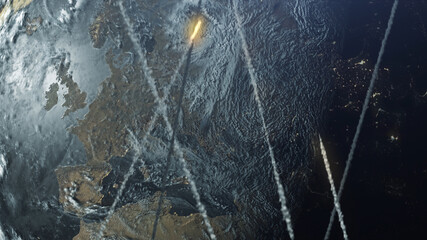 Meteors shooting past the atmosphere over Europe,outer Space view
Smoke trails and rocks flying over earth in fast speed, 
