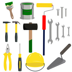 Vector set of construction hand tools. Vector flat icon collection of building tools.