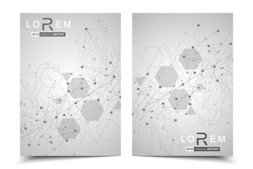 Vector templates for brochure magazine leaflet flyer cover booklet annual report. Modern futuristic hexagonal pattern with particle, molecule structure for medical, technology, chemistry, science.
