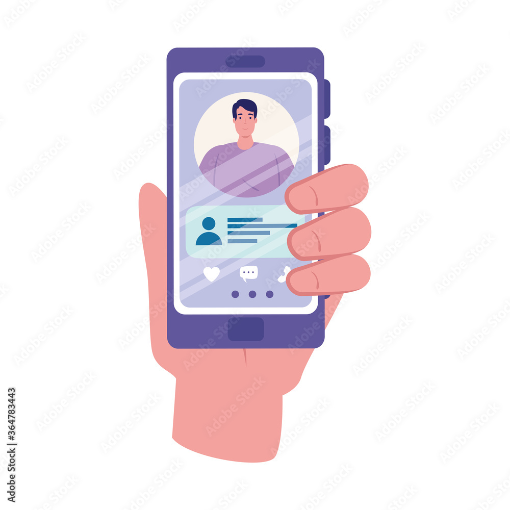 Poster hand holding smartphone with man and chatting bubble design, message chat and communication theme ve