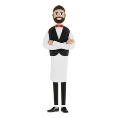 Portrait of a cartoon character of a waiter. 3D illustration.