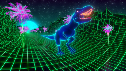 80s retro style wallpaper background. T-Rex dinosaur walks through a neon jungle © Aleksandra Sova