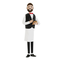 Obraz na płótnie Canvas Cartoon character a waiter with a notebook and a pencil takes an order. 3D illustration.