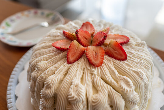 Strawberry Pie With Whipped Cream Served As A Dessert.