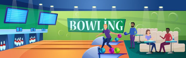 People play bowling game vector illustration. Cartoon flat active friend gamer characters playing in bowling alley, players spending fun time together, leisure playtime or sport activity background