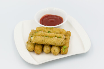 fried Mozzarella sticks with ketchup on the side. Italian starter. 
