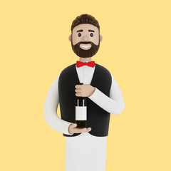 Cartoon character of a waiter with a bottle of wine. 3D illustration.