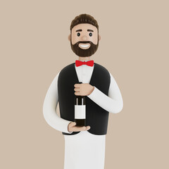 Cartoon character of a waiter with a bottle of wine. 3D illustration.