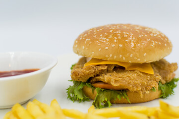 Grilled chicken burger with ketchup and fries on the side. 