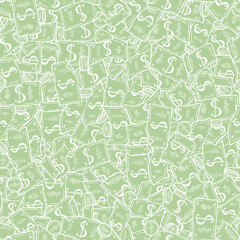 Money Heap background. Money Vector Seamless pattern. Hand Drawn doodle Dollar Banknotes and Coins.
