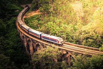 Scenic Train Ride in Ella over the world renowned nine arches bridge demodara through beautiful lush green and tea estates, blue train coming out of the ella tunnel in the morning light