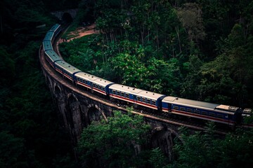 Scenic Train Ride over the world renowned demodara nine arches bridge. Train going towards the ella tunnel in the morning light through beautiful lush green and tea estates.