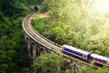 Scenic Train Ride over the world renowned demodara nine arches bridge. Train going towards the ella tunnel in the morning light through beautiful lush green and tea estates.