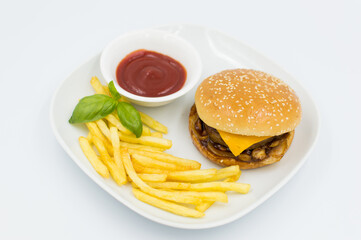 Burger with frenck fries and ketchup on white background,