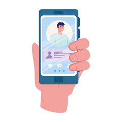 Hand holding smartphone with man and chatting bubble design, Message chat and communication theme Vector illustration