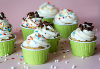 Tasty colorful cupcake on white background, food photo
