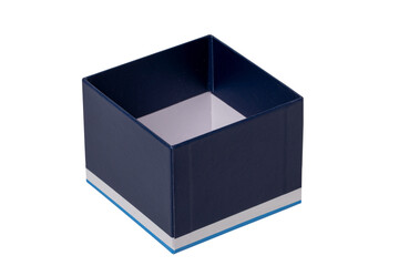 Gift box isolated. Close-up of a blue opened present or gift box on a white background. Birthday, valentine, anniversary or other holidays. Macro photograph.