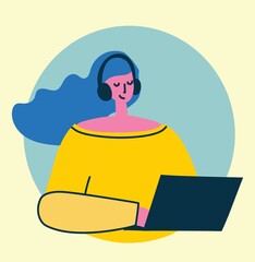 Woman using laptop with infographic background vector illustration. Flat colorful design. Promote online sale commerce concept.