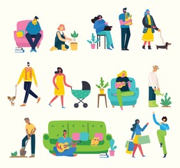 Vector illustration background in flat design of group people doing different activity