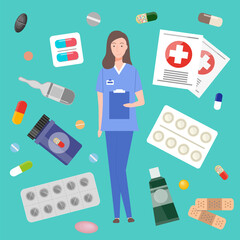 Doctor woman wearing medical suit with clipboard. Medical or healthcare web icons. Images for using at website or app. Treatment concept pills, capsules with drug, receipt of doctor, ointment, patches